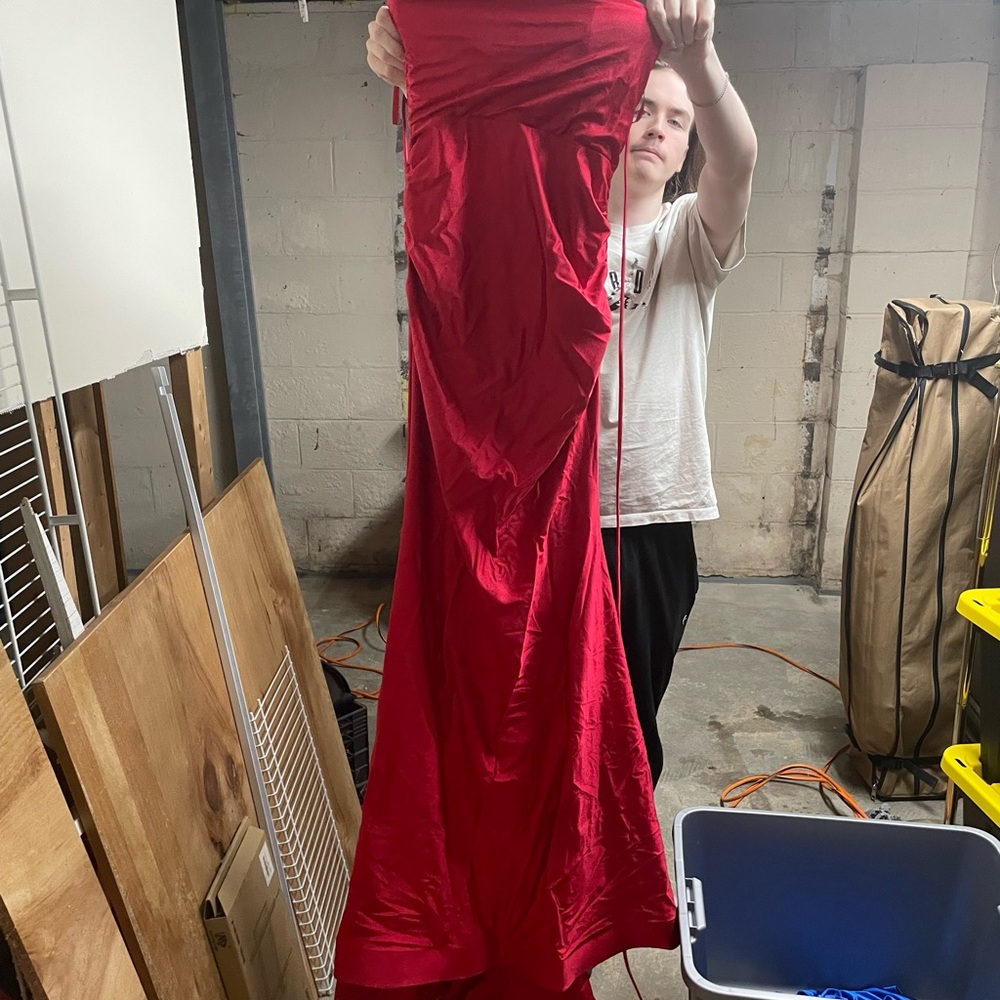 Red Satin Strapless Formal Gown